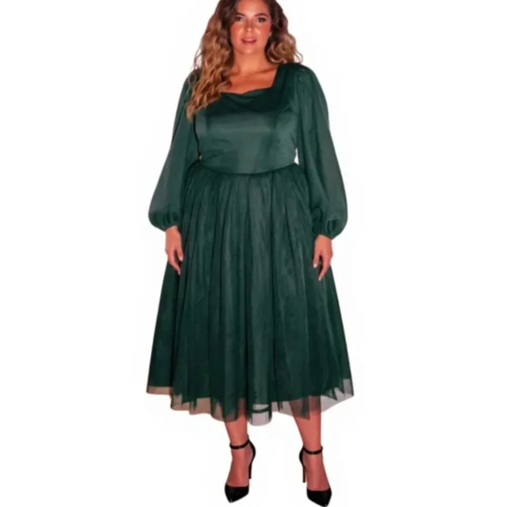 Jessa Kae Allora Dress Long Sleeve Tulle Pleated Emerald Dark Green New Size XL_9